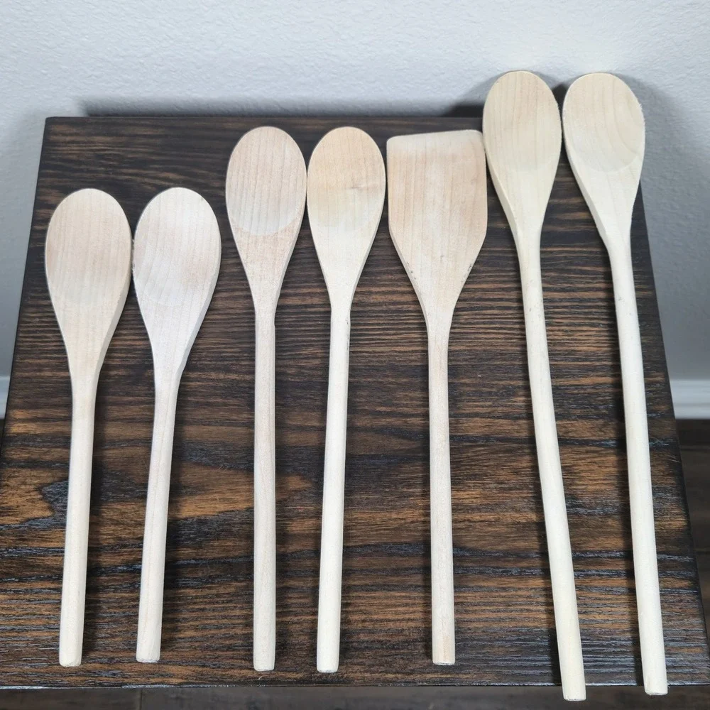 7 Piece Natural Wood Kitchen Utensil Set Mixing Spoons and Spatula Long Handle